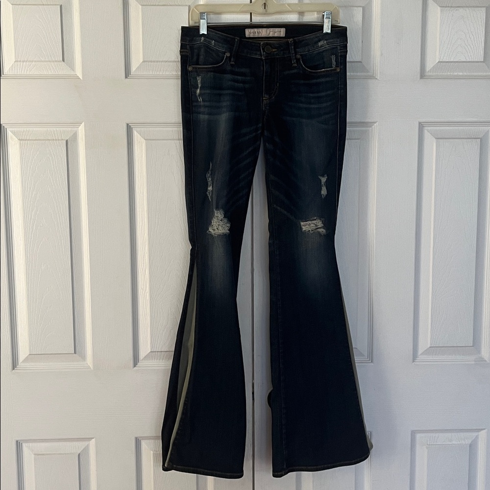 Guess Low Rise flare jeans suede Insert dark wash distressed NWOT